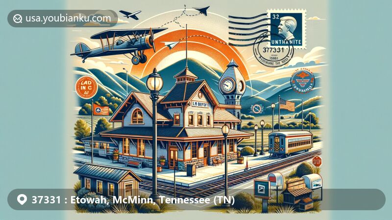 Modern illustration of Etowah, Tennessee, showcasing L&N Depot, Appalachian foothills, vintage postal elements, and small-town charm.