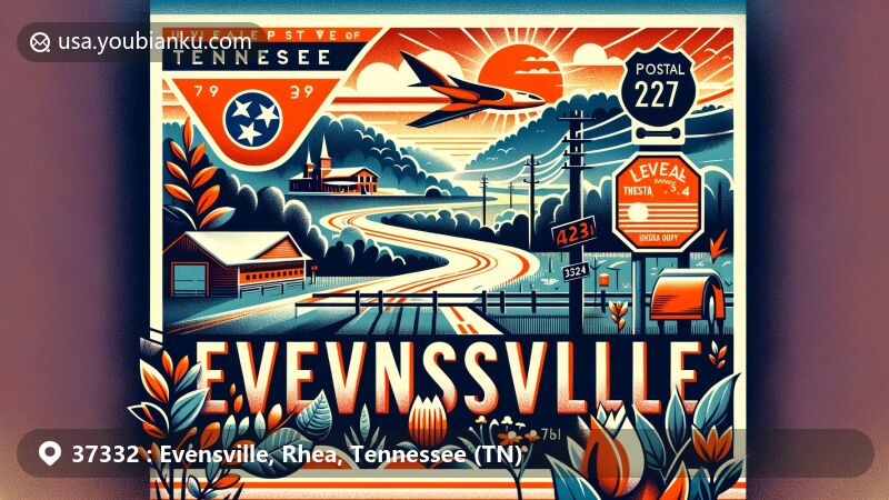 Modern illustration of Evensville, Rhea, Tennessee, showcasing postal theme with ZIP code 37332, featuring U.S. Route 27 and Tennessee state symbols.