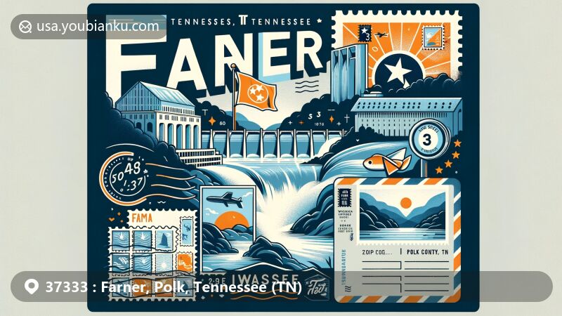 Modern illustration of Farner, Tennessee, featuring Tennessee state flag, Apalachia Dam, and Hiwassee River, with postcard design showcasing airmail elements and ZIP code 37333.