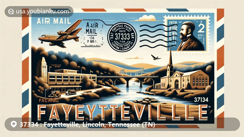 Modern illustration of Fayetteville, TN showing landmarks like Stone Bridge Park, Fayetteville-Lincoln County Museum, and Borden Milk Plant on a vintage airmail envelope. Background features tranquil Elk River scenery. Portrait of Ezekiel Norris with ZIP code 37334 on stamp. Postmark reads 'Fayetteville, TN' and current date, symbolizing special mail from the city.