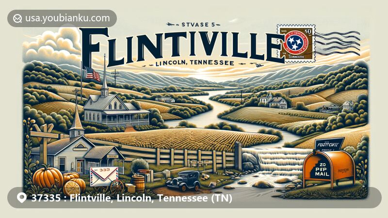 Modern illustration of Flintville, Lincoln, Tennessee, showcasing rural landscape with rolling hills and state symbols, incorporating postal theme with ZIP code 37335 and vintage post elements.