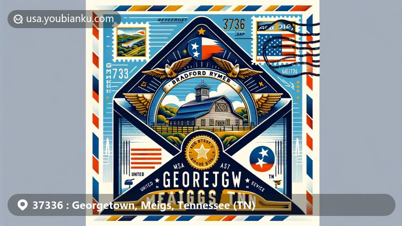 Modern illustration of Georgetown, Meigs County, Tennessee, featuring airmail envelope with Bradford Rymer Barn, Tennessee state flag, and Meigs County outline, highlighting postal theme with ZIP code 37336 and various iconic elements. 