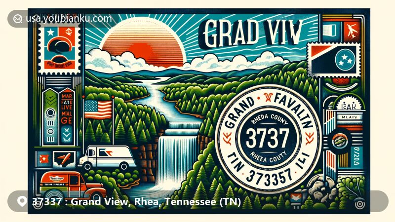 Modern illustration of Grand View, Rhea County, Tennessee, resembling a postcard or air mail envelope, featuring Piney Falls State Natural Area's waterfall and forests, Tennessee state flag, Rhea County map, and postal service symbols.