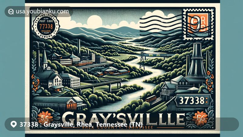 Modern illustration of Graysville, Rhea County, Tennessee, capturing lush landscapes, hinting at coal mining history, and showcasing connection to Cumberland Plateau and Roaring Creek.