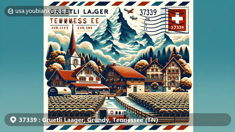 Modern illustration of Gruetli Laager, Grundy County, Tennessee, showcasing Swiss heritage with Swiss-style cottages, vineyards, and Swiss flag, reflecting origins as a Swiss colony in the 1860s, along with postal elements like air mail envelope, postage stamp, and ZIP code 37339.