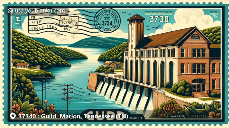 Modern illustration of Guild, Marion County, Tennessee, showcasing Hales Bar Dam Powerhouse, Nickajack Lake, Sequatchie Valley, Tennessee River, and postal elements, reflecting the area's natural beauty and historical significance.