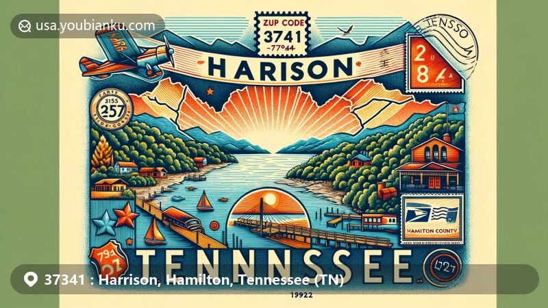 Modern illustration of Harrison, Hamilton County, Tennessee, with ZIP code 37341, highlighting the beauty of Harrison Bay State Park and lakeshore, featuring vintage air mail envelope, Tennessee stamp, and postal symbols.