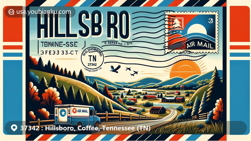 Modern illustration of Hillsboro, Coffee County, Tennessee, featuring postal theme with ZIP code 37342, showcasing a rural landscape with hills, forests, and a postal truck.