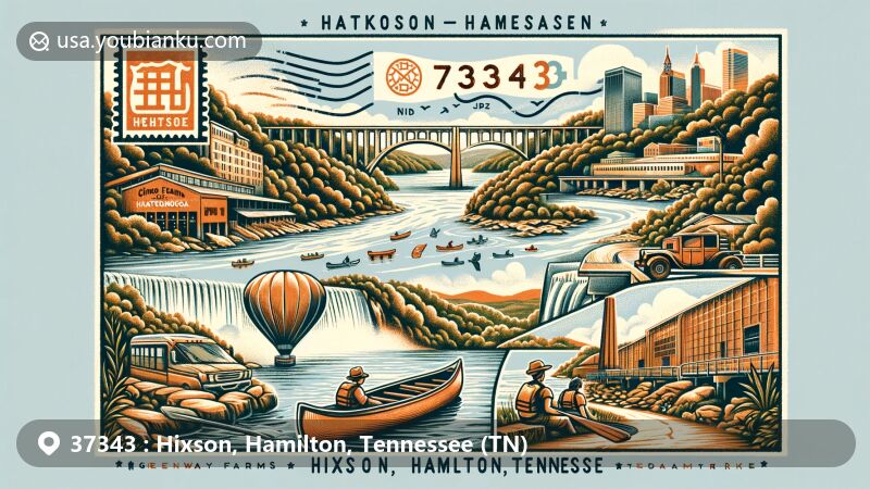 Modern illustration of Hixson, Hamilton, Tennessee area with ZIP code 37343, featuring iconic Chickamauga Dam and elements highlighting outdoor activities like hiking and canoeing in Greenway Farms and Cumberland Trail.