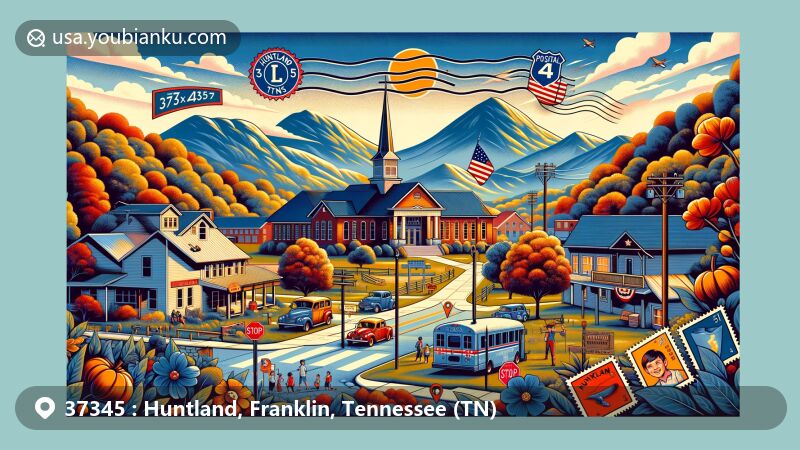 Modern illustration of Huntland, Franklin County, Tennessee, featuring postal theme with ZIP code 37345, showcasing Huntland School and regional characteristics against the Appalachian foothills backdrop.
