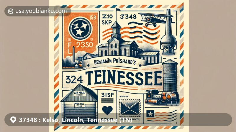 Modern illustration of Kelso, Lincoln County, Tennessee, highlighting local landmarks like Benjamin Prichard's Distillery and state symbols, with vintage postal elements and the distinctive ZIP Code 37348.