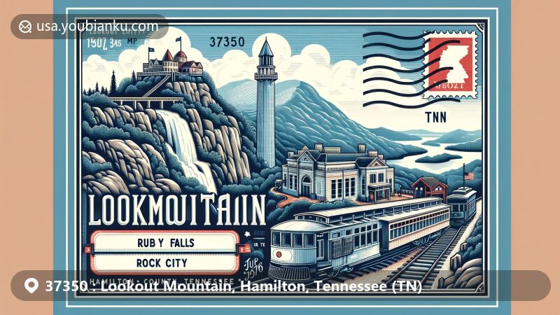 Modern illustration of Lookout Mountain, Hamilton County, Tennessee, with ZIP code 37350, featuring Ruby Falls, Rock City, and The Incline Railway, cleverly integrating Tennessee's outline and state flag.