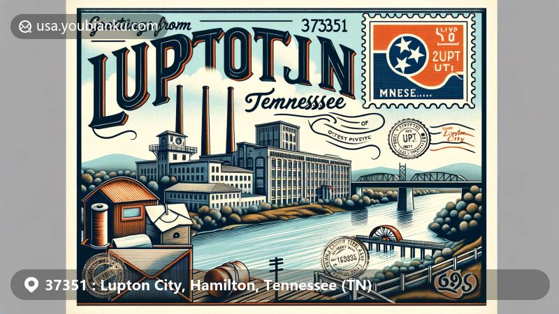 Modern illustration of Lupton City, Hamilton County, Tennessee, showcasing postal theme with ZIP code 37351, featuring Dixie Spinning Mills and Tennessee River.