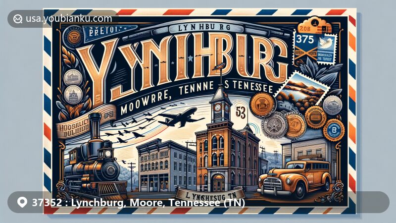 Modern illustration of Lynchburg, Moore, Tennessee, showcasing postal theme with ZIP code 37352, featuring Jack Daniel's Distillery, Historic Lynchburg Square, and Moore County Courthouse, integrated with Tennessee state flag and postal elements.