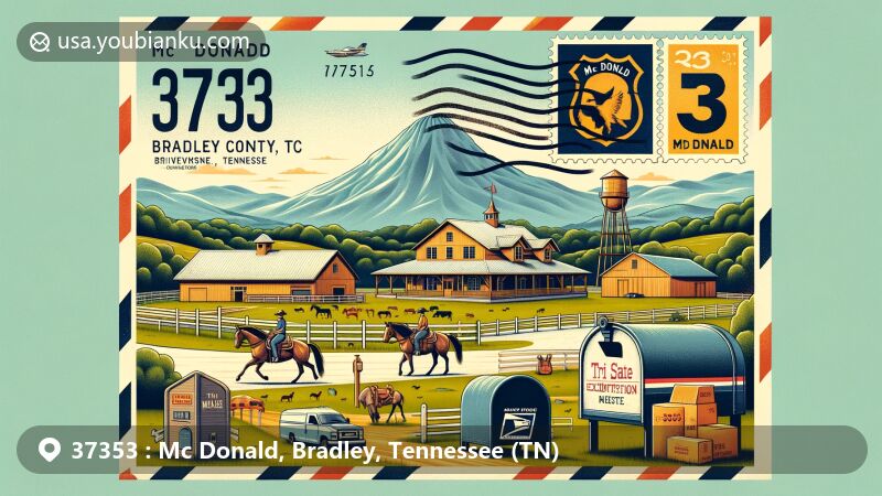 Modern illustration of Mc Donald, Bradley County, Tennessee, showcasing postal theme with ZIP code 37353, featuring Tri State Exhibition Center and scenic White Oak Mountain.