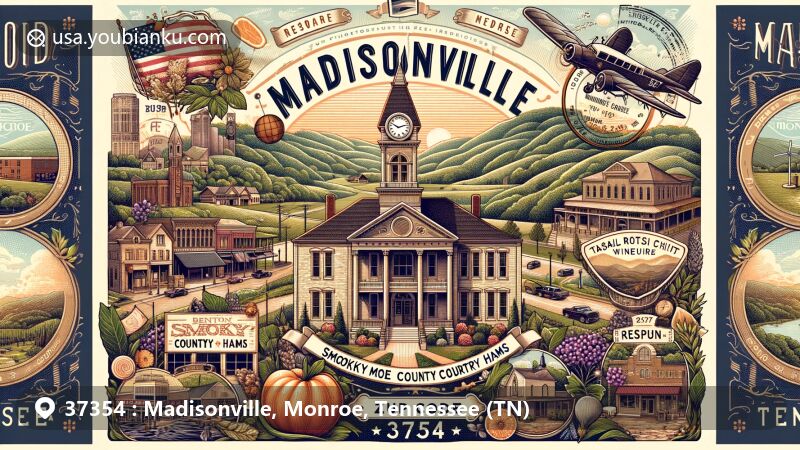 Modern illustration of Madisonville, Monroe County, Tennessee, capturing the charm of the area with rolling hills and Victorian-styled Courthouse, featuring Benton's Smoky Mountain Country Hams, Tsali Notch Vineyard, and local boutique, blending geographical, cultural, and postal elements.