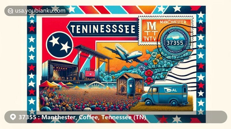 Modern illustration of Bonnaroo Music Festival in Manchester, TN, blending Tennessee state flag and Coffee County map, with airmail envelope design and postal theme, showcasing warmth and inclusiveness of local culture.