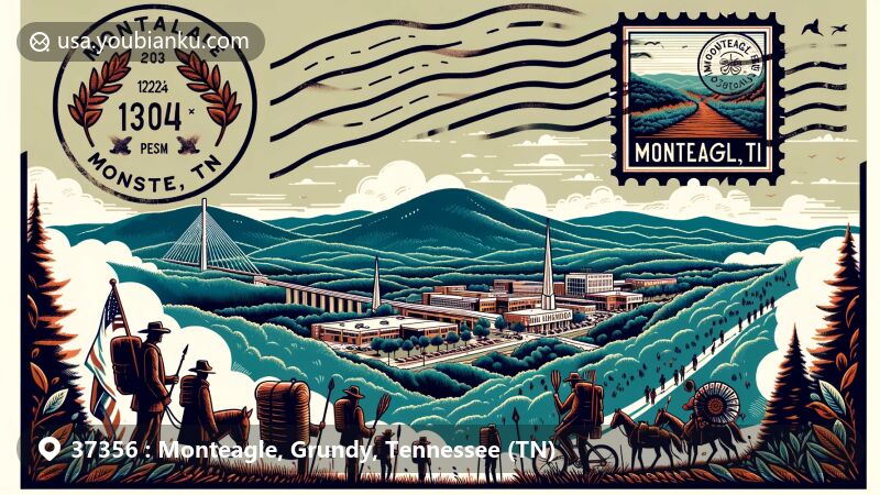 Modern illustration of Monteagle, TN in Grundy County, highlighting Cumberland Plateau landscape, featuring DuBose Conference Center or Monteagle Sunday School Assembly, Trail of Tears symbolism, and hiking motifs. Postcard design with 'Monteagle, TN' stamp and 2024 postmark.