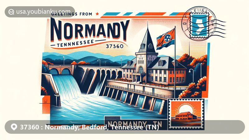 Modern illustration of Normandy Dam and Beech Hall in Normandy, Bedford County, Tennessee, encompassing the state flag and postal elements like a stamp and postmark, titled 