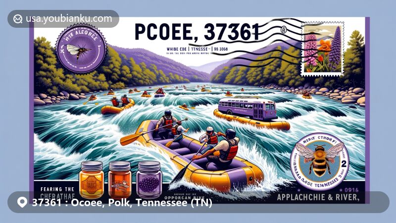 Modern illustration of Ocoee, Tennessee, showcasing vibrant whitewater rafting scenes on the Ocoee River, highlighting 1996 Olympic whitewater events, Appalachian Bee's honey products, and Ms. Be's Purple Bus, incorporating Cherokee Nation flag, postal elements, and ZIP Code 37361.
