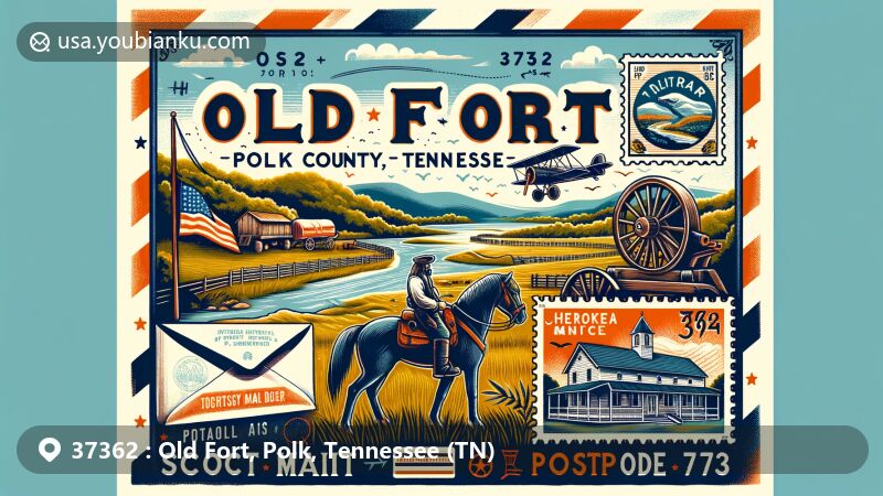 Modern illustration of Old Fort, Polk County, Tennessee, with ZIP code 37362, showcasing southern landscape and historical significance of McNair's Stand, Scotch pioneers, and Cherokee culture.