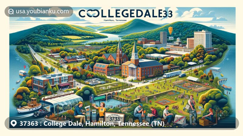 Modern illustration of College Dale, Hamilton, Tennessee (TN), featuring scenic backdrop with mountain views and Southern Adventist University, showcasing The Commons as a cultural and recreational hub with green spaces and farmer's market.