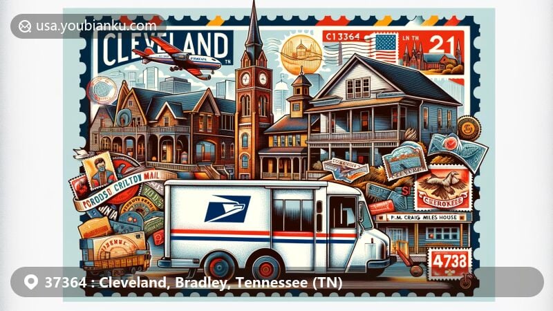Modern illustration of Cleveland, Bradley County, Tennessee, with ZIP code 37364, featuring local landmarks and cultural elements such as Broad Street United Methodist Church, P.M. Craigmiles House, and Cherokee symbols.