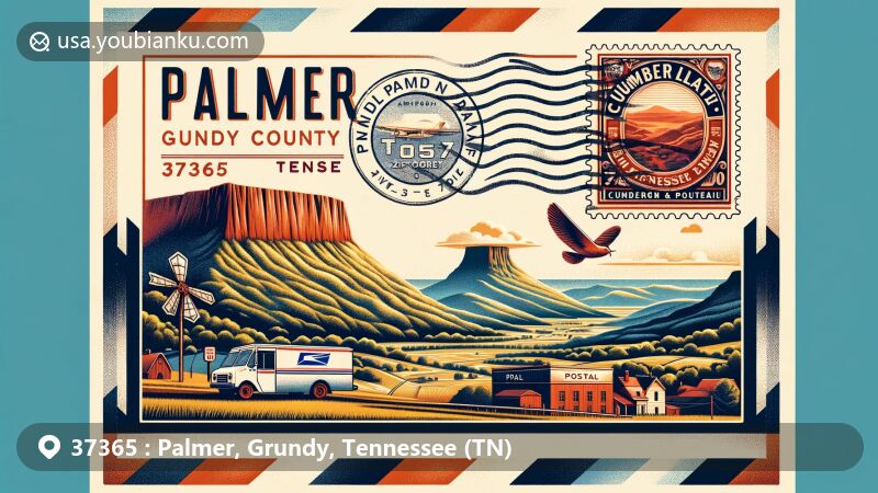 Modern illustration of Palmer, Grundy County, Tennessee, showcasing postal theme with ZIP code 37365, featuring Cumberland Plateau symbol and vintage stamp design.