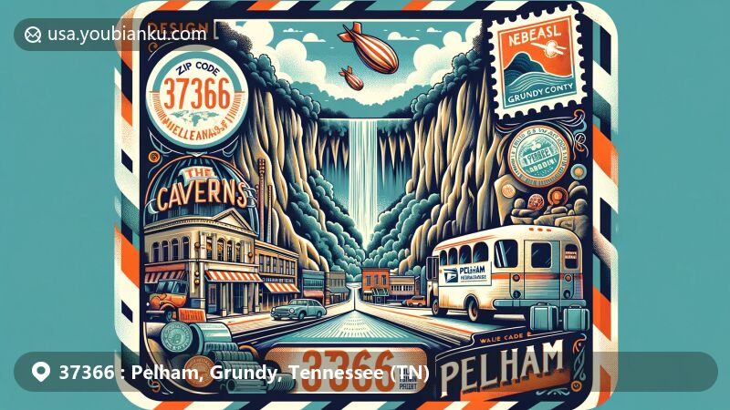 Modern illustration of Pelham, Grundy County, Tennessee, focusing on postal theme with ZIP code 37366, showcasing The Caverns landmark and Tennessee's natural beauty.