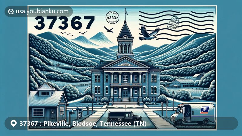 Modern illustration of Pikeville, Bledsoe, Tennessee, featuring scenic Sequatchie Valley, Cumberland Plateau, Bledsoe County Courthouse, and postal elements with ZIP code 37367.