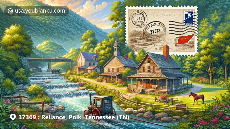 Modern illustration of Reliance, Polk County, Tennessee, with ZIP code 37369 area, featuring Reliance Historic District, Hiwassee Meeting Hall, Vaughn-Webb House, and Hiwassee River, surrounded by Cherokee National Forest, showcasing rustic allure and historical significance.