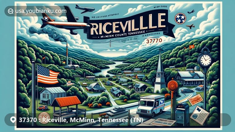 Modern illustration of Riceville, McMinn County, Tennessee, highlighting postal theme with ZIP code 37370, featuring Tennessee state flag, lush landscapes, airmail envelope, stamps, postal truck, and community mailbox.