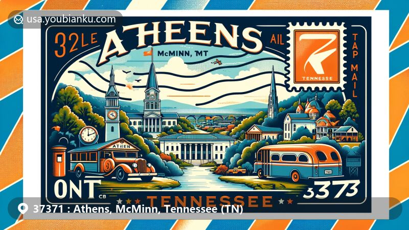 Modern illustration of Athens, McMinn, Tennessee, showcasing scenic beauty and landmarks with a postal theme for ZIP code 37371, featuring Tennessee state flag and traditional postal elements.