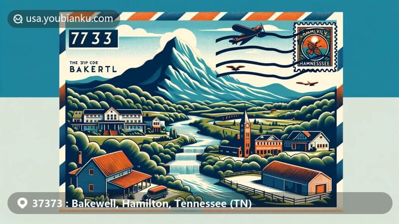 Modern illustration of Bakewell in Hamilton County, Tennessee, featuring Bakewell Mountain against a creative design backdrop, capturing its elevation and natural beauty.