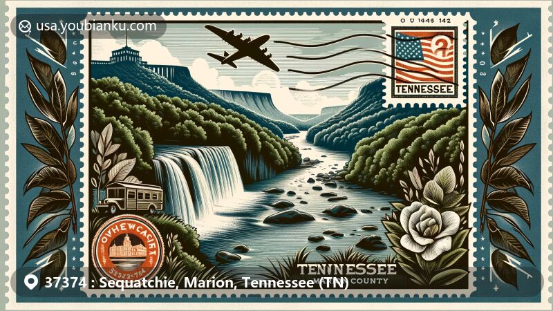 Modern illustration of the Sequatchie area in Marion County, Tennessee, showcasing natural beauty and landmarks with Foster Falls, the Sequatchie Valley, Cumberland Plateau, Tennessee state silhouette, Marion County outline, vintage air mail envelope, and ZIP code 37374.