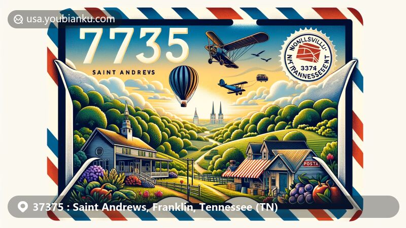 Modern illustration of Saint Andrews, Franklin, Tennessee, showcasing postal theme with ZIP code 37375, featuring native flora and fauna, Nolensville markets, hot air balloon rides, and lush Tennessee landscapes.