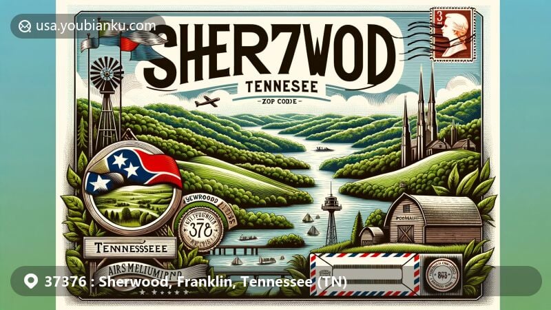 Modern illustration of Sherwood, Tennessee, featuring ZIP code 37376, with Tennessee state flag and vintage postal theme.
