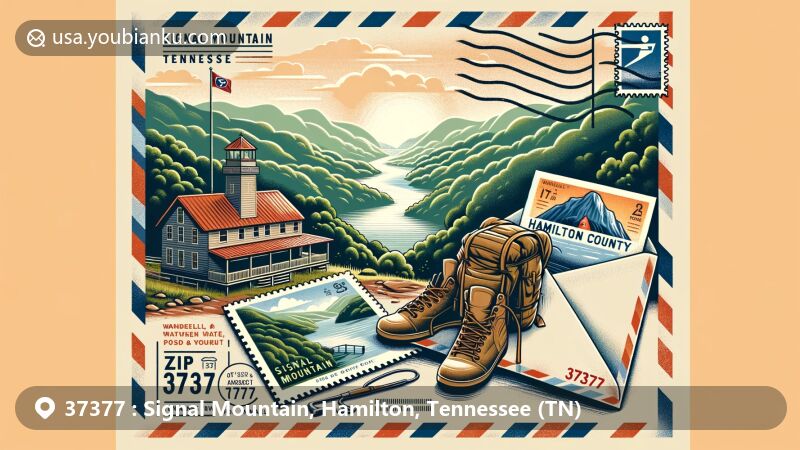 Modern illustration of Signal Mountain, Hamilton County, Tennessee, with ZIP code 37377, featuring Signal Point and Tennessee River, capturing the essence of outdoor activities like hiking and backpacking.
