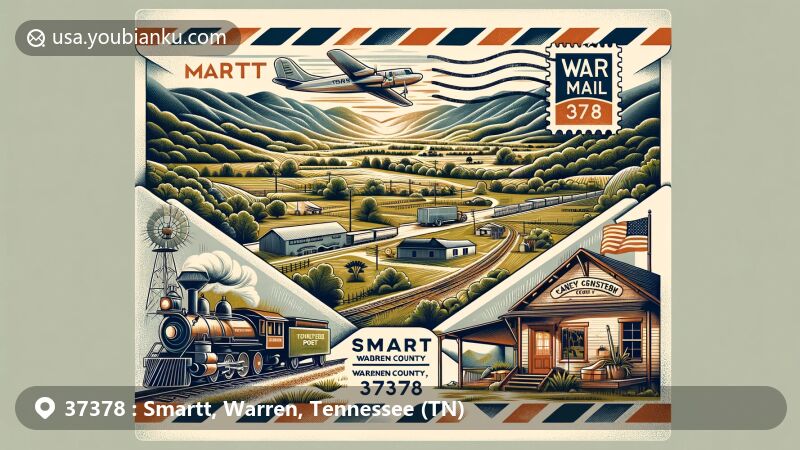 Modern illustration of Smartt, Warren County, Tennessee, capturing the essence of the rural charm and connectivity of the area with vintage air mail envelope, Caney Fork and Western Railroad, and local post office.
