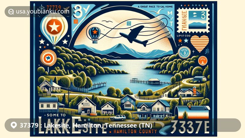 Creative depiction of Lakesite, Tennessee, ZIP code 37379, resembling an airmail envelope with stamps and a postmark, featuring natural beauty and local landmarks, inspired by the area's motto 'A Great Place to Call Home'.