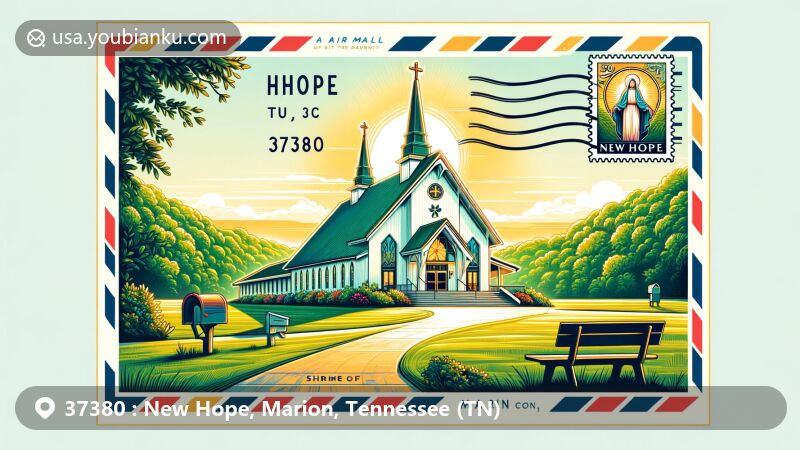 Modern illustration of New Hope, Tennessee, showcasing postal theme with ZIP code 37380, featuring Shrine of Our Lady Virgin of the Poor and rural Marion County setting.