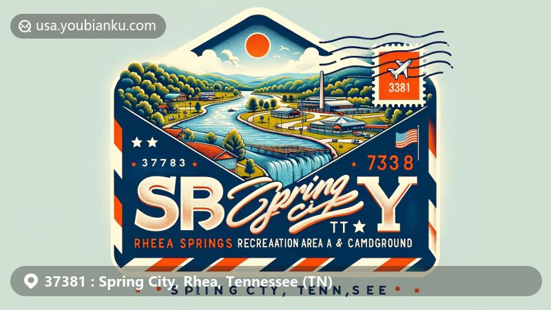 Modern illustration of Spring City, Rhea County, Tennessee, featuring Rhea Springs Recreation Area County Park and Campground, Watts Bar Reservoir, and Tennessee state symbols in a creative airmail envelope design.