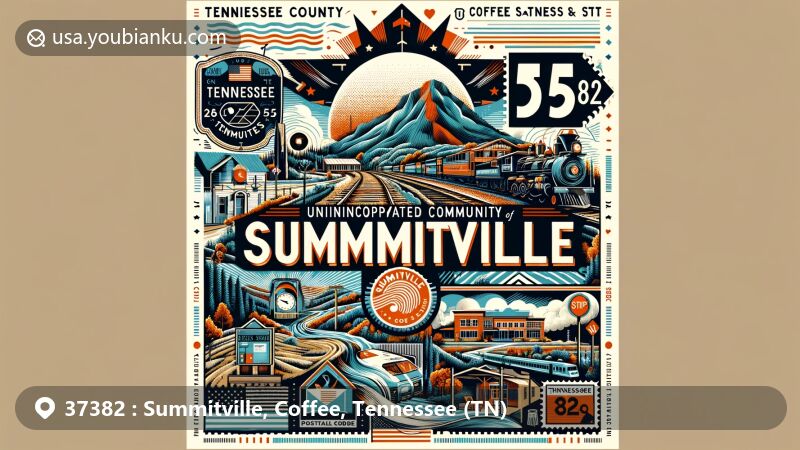 Modern illustration of Summitville, Coffee County, Tennessee, with postal theme for ZIP code 37382, featuring Caney Fork and Western Railroad, Tennessee State Route 55, vintage air mail envelope, postage stamp, post office sign, mailbox, Coffee County outline, and Tennessee state flag.