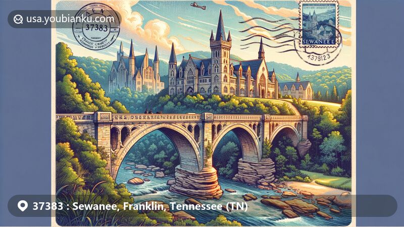 Modern illustration of Sewanee Natural Bridge in Franklin County, Tennessee, showcasing enchanting architecture of Sewanee University reminiscent of Hogwarts, with vibrant colors and postal theme elements.