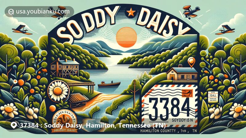 Modern illustration of Soddy Daisy, Hamilton County, Tennessee, merging local landscapes of Cumberland Plateau and Chickamauga Lake, featuring unique integration of city name 'Soddy Daisy' and vintage air mail theme with Tennessee state flag, aimed at showcasing the natural beauty and postal identity of ZIP code 37384.