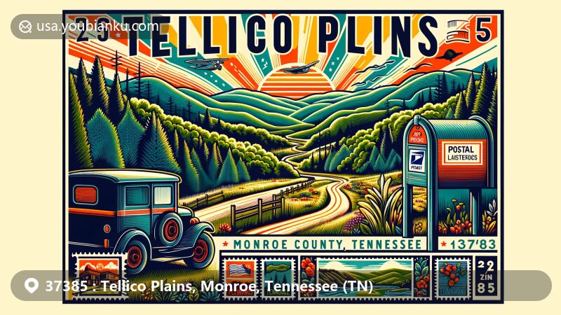 Modern illustration of Tellico Plains, Monroe County, Tennessee, capturing the beauty of Cherokee National Forest, with trails and greenery as backdrop, reflecting region's outdoor adventures and historical heritage.