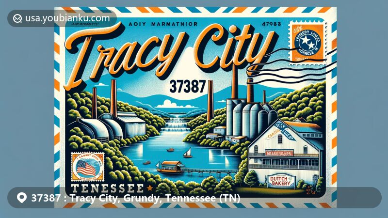 Modern illustration of Tracy City, Tennessee, highlighting postal theme with ZIP code 37387, featuring Grundy Lakes State Park, coke ovens, and lush greenery, capturing the town's natural beauty and industrial heritage.