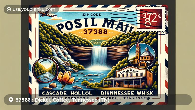 Modern illustration of Dickel, Coffee County, Tennessee, showcasing ZIP Code 37388 with vintage air mail envelope design, featuring Rutledge Falls and Cascade Hollow Distilling Co., home of George Dickel Tennessee Whisky, as well as Tennessee state symbols.