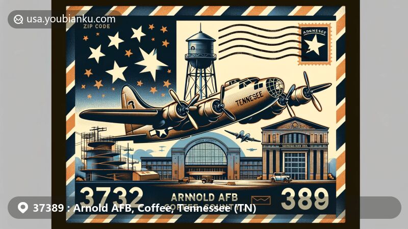Modern illustration of Arnold AFB in Coffee County, Tennessee, featuring vintage postcard background, B-24 Liberator bombers, propulsion wind tunnel, and Tennessee state flag, with subtle postal theme elements and ZIP code 37389.