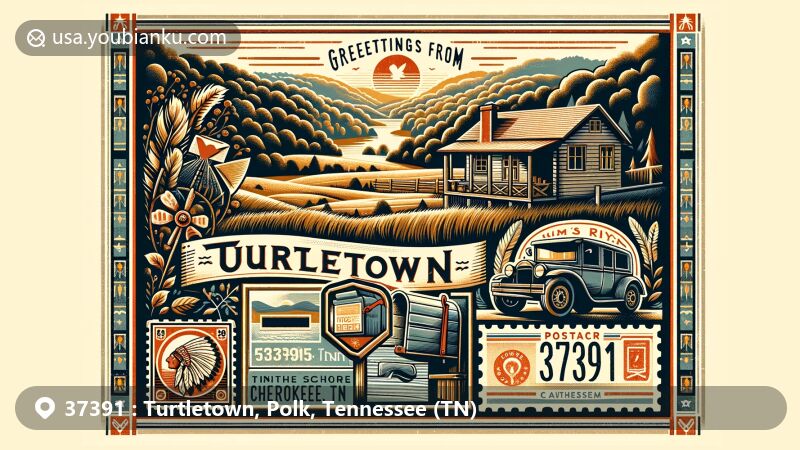 Modern illustration depicting Turtletown, Tennessee, blending rustic charm with postal elements, set against the backdrop of rolling hills, lush forests, and Cherokee cultural heritage near the Tennessee-North Carolina border.
